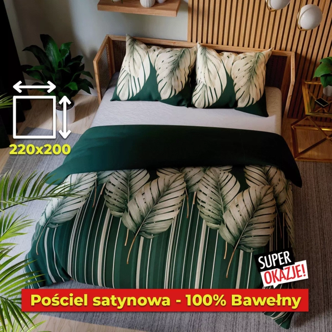 Pościel satynowa 100% bawełna - wysoka jakość - liście nowa kolekcja - duża 220x200